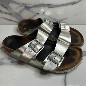 Birkenstock Women's Silver Metallic Leather Arizona Sandals Sz 39 W Sz 8-8.5